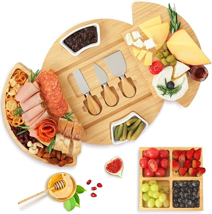 Bamboo Large Round Charcuterie Cheese Board set (5)